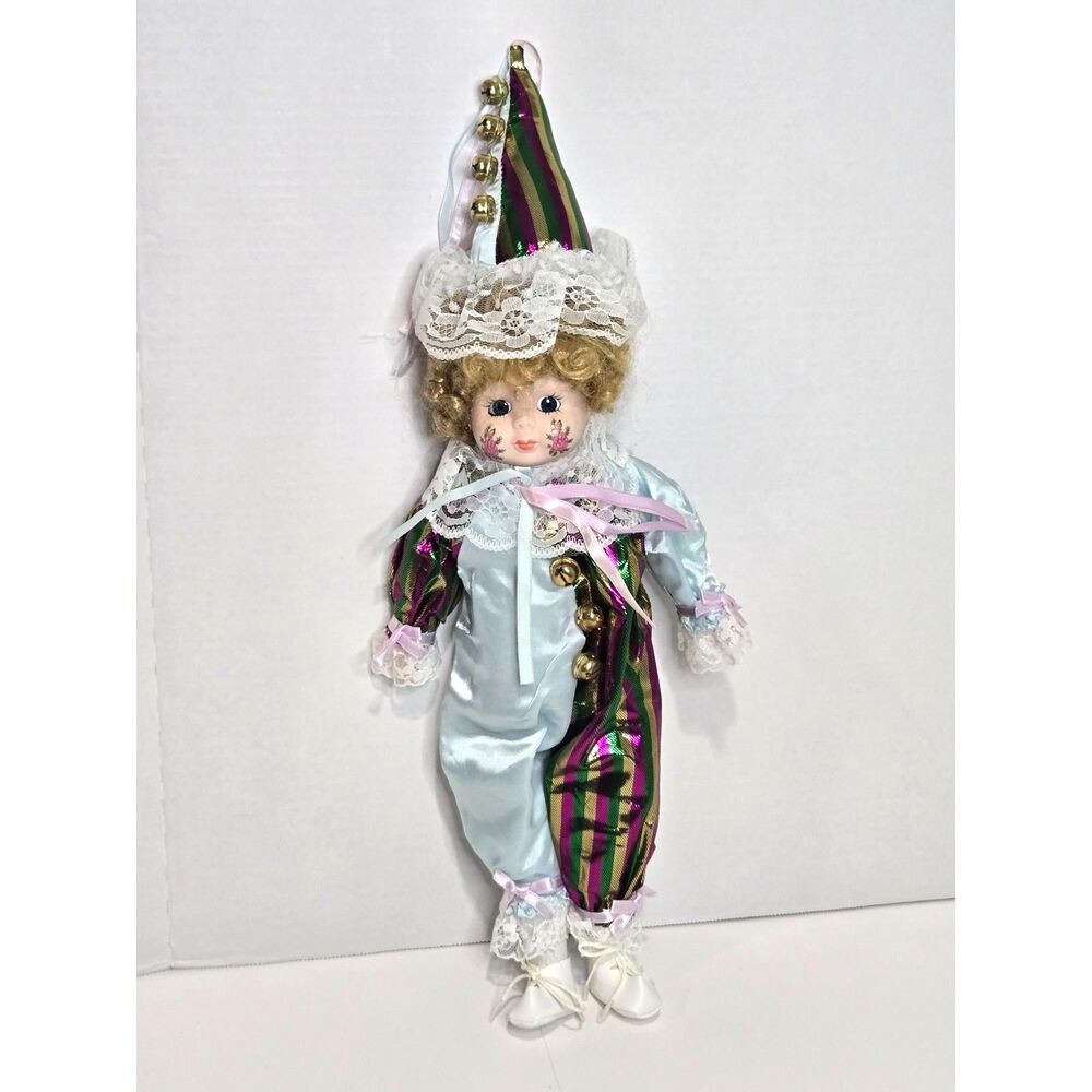 Vintage Porcelain Clown Doll | 15" | ABC Distributing #15309 Striped Variant CIB